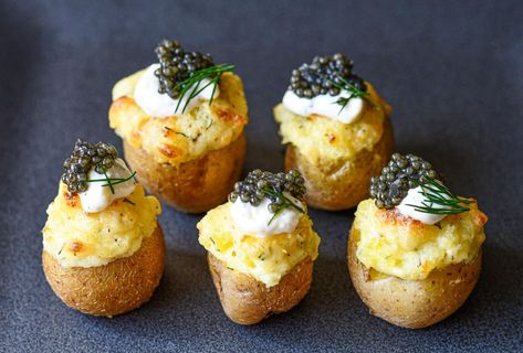 Twice Baked Baby Potatoes with Paddlefish Caviar Potatoes With Caviar, Caviar Potatoes, Paddlefish Recipe, Mini Twice Baked Potatoes, Baked Baby Potatoes, Goose Recipes, Mexican Crema, Caviar Recipes, Yellow Potatoes