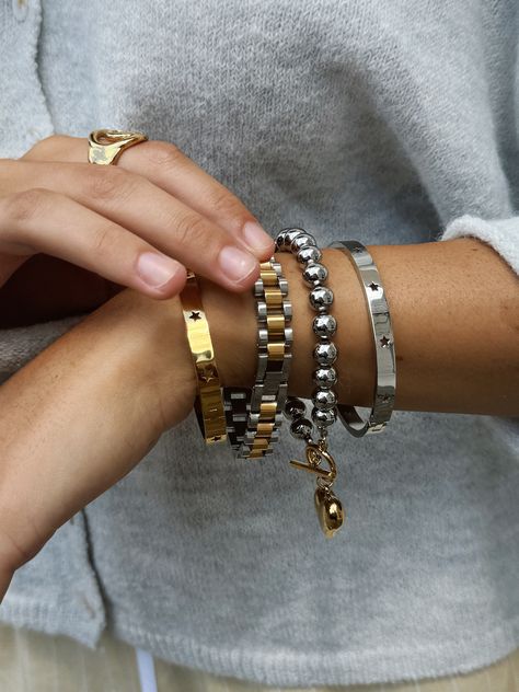 bracelets, tarnish free bracelets, tarnish free jewelry Necklace Stacks, Silver Bracelet Stack, Mixed Metal Bracelets, Ring Stacks, Star Bangle, Bracelet Stacks, Gold And Silver Bracelets, Mixed Metal Jewelry, Dope Jewelry