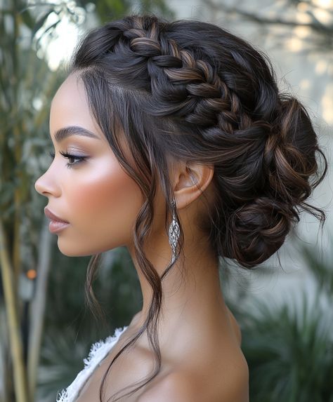 💄 Braided Hair Updo Wedding Glamorous Braids Updo Hairstyle Braid Up Do Wedding, Messy Bun With Braid Wedding, Updo Hair With Braid, Boho Wedding Hairstyles Black Hair, Braids Hairstyles For Wedding, Wedding Hair Updo With Braid, Wedding Hairstyles For Bride Updo, Wedding Updo Black Women, Elegant Braided Updo