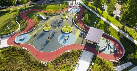 Playgrounds are important part of great times at Camp Max! Visit http://www.maxsplayhouse.net!  Why cities need accessible playgrounds https://www.curbed.com/2018/7/20/17582148/accessible-playgrounds-design-ada-standards-inclusive Innovative Playground, Playgrounds Architecture, Children Park, Playground Design, Landscape Design Plans, Play Areas, Landscape Architecture Design, Landscaping Supplies, Garage Gym