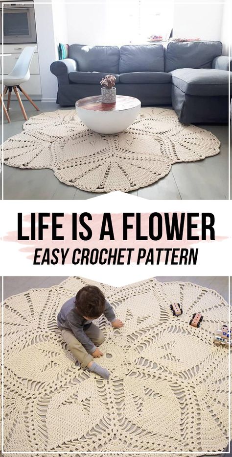 crochet Life is a Flower pattern -  crochet Life is a Flower pattern – easy crochet rug pattern for beginners Crochet Home Decorating, Rug Patterns For Beginners, Crochet Rugs Free Patterns Easy, Crochet Carpet Rug, Free Crochet Rug Patterns, Crochet Flower Rug, Easy Crochet Rug Patterns, Easy Crochet Rug, Crochet Rug Pattern