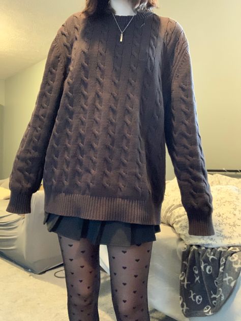 brown sweater, black pleated skirt, heart tights Autumn Outfits With Tights, Heart Tights Outfit Aesthetic, Brown Knitted Sweater Outfit, Sweater And Tights Outfit, Brown Sweater Outfit Aesthetic, Black Pleated Skirt Outfit Aesthetic, Brown Skirt Aesthetic, Pleated Skirt With Tights, Sweater Tights Outfit