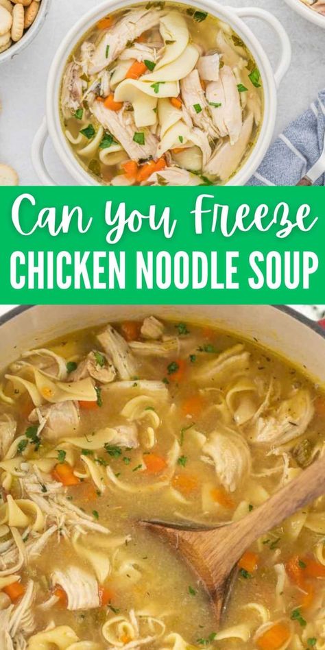 Can you Freeze Chicken Noodle soup - Eating on a Dime Freezer Meal Chicken Noodle Soup, Eat On A Dime, Chicken Noodle Soup To Freeze, How To Freeze Chicken Noodle Soup, Freezing Chicken Noodle Soup, Make Ahead Chicken Noodle Soup, Freezer Chicken Soup Recipes, Homemade Soups You Can Freeze, Frozen Chicken Noodle Soup