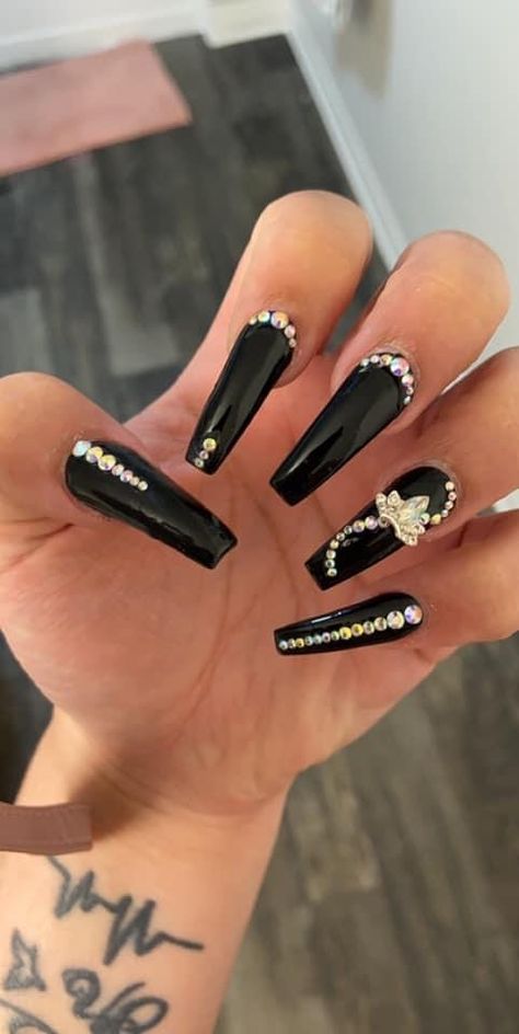 Black With Jewels Nails, Black Jewel Nails Rhinestones, Black Nails With Swarovski Crystals, All Black Nails With Gems, Black Nails With Jewels Rhinestones, Black And Red Nails With Gems, Dark Nails With Gems, Black Nail With Rhinestones, Black Jewel Nails