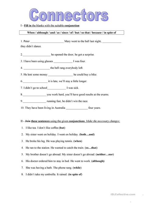 CONNECTORS - English ESL Worksheets Sentence Connectors, Teaching Conjunctions, Esl Writing, Conjunctions Worksheet, Verb Practice, 6th Grade Worksheets, Ela Worksheets, Linking Words, Worksheets For Grade 3