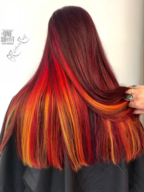 Sunset hair fire hair underneath red hair redhead pravana Red Hair With Rainbow Underneath, Red And Orange Peekaboo Hair, Red Orange Yellow Peekaboo Hair, Winter Vivid Hair Color, Sunrise Hair, Color Blocking Hair, Fire Hair Color, Fire Red Hair, Sunset Hair