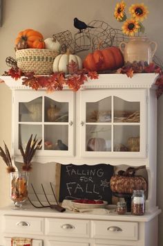 Halloween decorations - simple fall decor for hutch including white & orange pumpkins, fall leave garland, farmhouse style crock and tools. Pitch Fork, Hutch Decor, Chalkboard Decor, Cottage Shabby Chic, Fall Kitchen Decor, Fall Thanksgiving Decor, Fall Deco, Autumn Decorating, Fall Kitchen