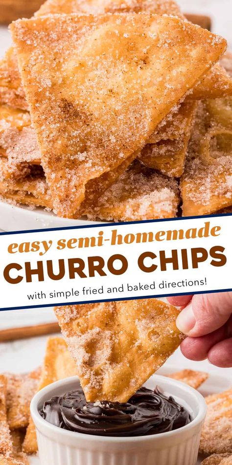 Everything you love about churros, in fun and snack-able chip form! These churro chips are perfect for dipping, or used as a base for some Mexican-style dessert nachos! With both fried and baked directions, you can find a method that works best for you. Sweet Mexican Desserts, Easy Churro Dessert, Western Dessert Recipes, Desserts Made With Flour Tortillas, Mexican Food Nachos, Dessert Using Tortillas, Dessert Recipes With Tortillas, Sweet Nachos Desserts, Easy Tortilla Dessert Recipes