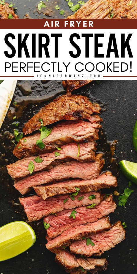 Here's a new way to cook tougher meat! This Air Fryer Skirt Steak is perfectly cooked, super tender, and juicy! It's the best Christmas main dish using a quick marinade packed with full-of-flavor spices! Add this entree idea to your simple Holiday recipe! Air Fryer Skirt Steak, Low Carb Christmas Recipes, Skirt Steak Tacos, Christmas Main Dishes, Skirt Steak Recipes, Low Carb Christmas, Christmas Main, Easy To Cook Meals, Meat Recipes For Dinner