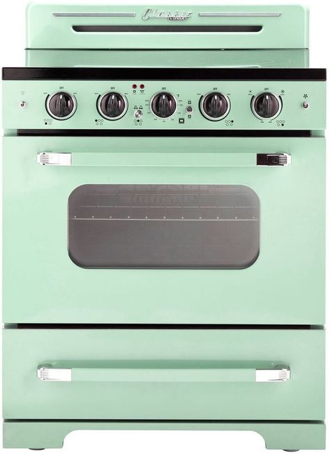 Unique Appliances UGP30CRECLG 30 Inch Freestanding Electric Range with 5 Elements, 3.9 cu. ft. Oven Capacity, Storage Drawer, Convection Oven, and ETL Listed: Summer Mint Green Small House Kitchen, Retro Oven, 50s House, Unique Appliances, Convection Range, Convection Cooking, Vintage Stoves, Retro Fridge, Bottom Freezer Refrigerator