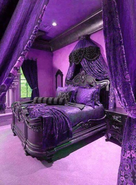 Purple bedroom way over the top. Love purple but it may just get old fast with a bedroom like that. Luxe Bed, Gothic Bedroom, Purple Bedroom, Gothic Furniture, Purple Rooms, Tuscan Decorating, Tuscan Style, Gothic Decor, Gothic Home Decor