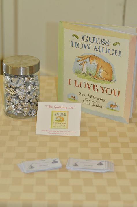 OCC: Obsessive Compulsive Crafting: Children's Book Baby Shower Baby Shower Guessing Game Jars, Guess How Much I Love You Baby Shower Ideas, Kiss Jar, Childrens Books Baby Shower, Guessing Jar, Hershey Hugs, Book Shower, Storybook Theme, Diaper Party