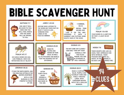 "Bible Scavenger Hunt, Bible Verses, Indoor Treasure Hunt, Bible Game for Kids, Scavenger Hunt, Treasure Hunt Clues, Christian Games You can print it yourself at home or at a local printing store that you trust. ►What you will receive: You will receive PDF files. Also includes blank pages to print and write your own clues. \"Where to hide the clues\" sheet included! It comes in sizes US letter and A4 size. ►How to use: -Download -Print -Write your own clues if you wish to (Optional- not editable Bible Scavenger Hunt, Indoor Treasure Hunt, Teen Scavenger Hunt, Kids Scavenger Hunt, Christian Games, Valentines Word Search, Treasure Hunt For Kids, Scavenger Hunt Birthday, Treasure Hunt Clues