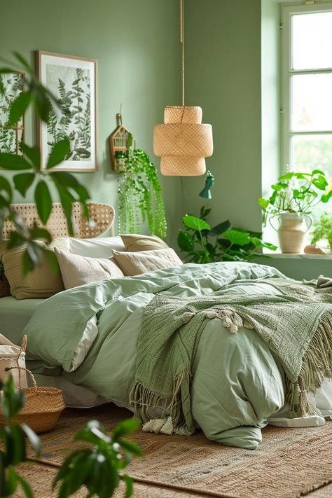 29 Green Boho Bedroom Ideas 6 Green Boho Bedroom Ideas, Ocean Inspired Bedroom, Green Boho Bedroom, Jungle Bedroom Theme, Bedroom Solutions, Green Bedroom Design, Restful Bedrooms, Boho Bedroom Design, Boho Duvet