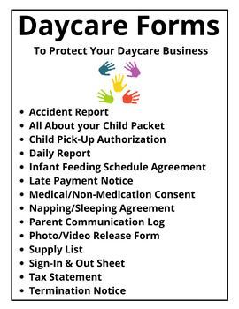 Daycare Forms Bundle Daycare Accident Report Form, Infant Daycare Schedule, Daycare Schedule Template, Daycare Family Events, In Home Daycare Meal Plans, Daycare Welcome Packet, Home Daycare Parent Board, Family Engagement Activities Daycare, Daycare Supply List For Parents