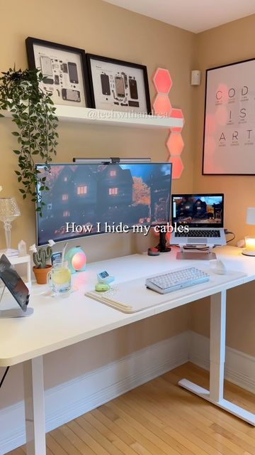 Andrea | Tech & Workspace on Instagram: "How I hide my cables! ✨ I hate seeing cables so cable management is super important to me. I just use a long power-bar upside down and hold it using headphone hangers. I also use a bunch of cable ties so that cables don’t hang under the desk. 📌 How do you hide your cables? ✨ ⠀⁣ 🔗 Check the links in my bio for my setup items⠀⁣ ⠀⁣ Follow me for more @techwithandrea ✨⠀⁣ ⠀⁣ ⠀⁣ ⠀⁣ ⠀⁣ ⠀⁣ ⠀⁣ ⠀⁣ ⠀⁣ #productivity #productivitytips #wfhtips #desksetups #cozyde Desk Cable Managment, Under Desk Rug, Hide Cables Desk Home Office, Home Office Cable Management, Large Monitor Desk Setup, Long Desk Setup, Hide Cords Under Desk, Desk Cable Organization, Dual Monitor Desk Workspaces