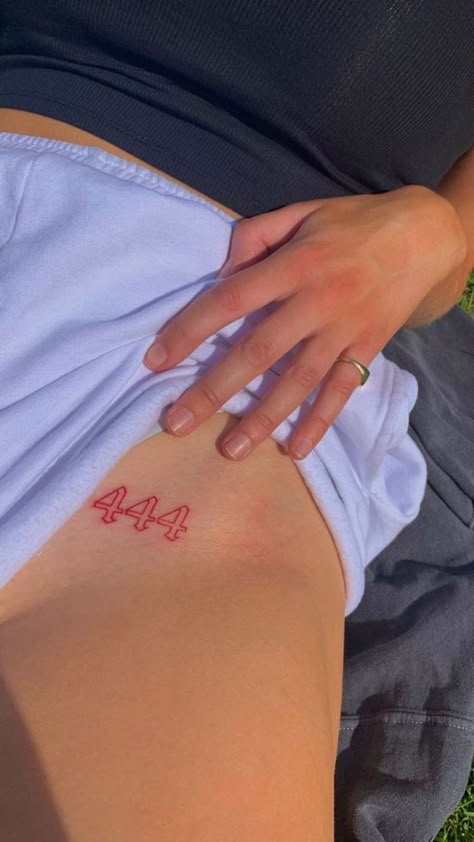 444 Tattoo On Hip, 444 Hip Tattoo, 444 Tattoo Hip, 444 Red Ink Tattoo, 444 Red Tattoo, Simple Red Tattoo, Red 444 Tattoo, 444 Tattoo Meaning, Red Tattoo Aesthetic