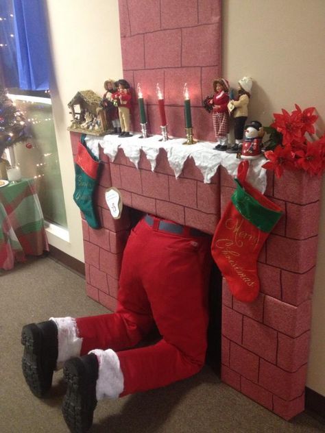 Santa Fireplace Ideas, Funny Christmas Office Decorations, Diy Santa Grotto, Santas Workshop Theme Decorations Diy, Santa Fireplace, Christmas Lanterns Diy, Christmas Cave, Diy Santa Claus, 99 Cent Store