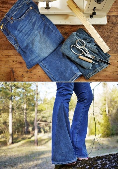 DIY: Bell Bottoms Diy Bell Bottom Jeans, Diy Bell Bottoms, Diy Flare Jeans, Denim Scraps, Estilo Hippie, Hippie Costume, Denim Crafts, Denim Diy, Jeans Diy