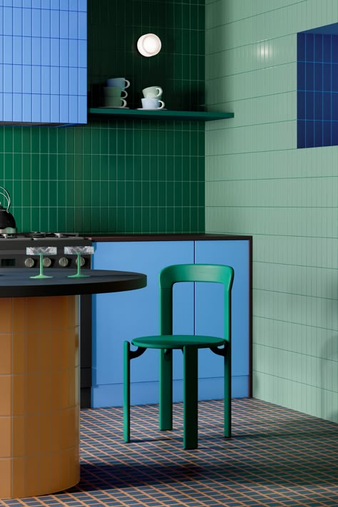 green and blue tile kitchen Calacatta Marble, Italian Tiles, Tile Stores, Contemporary Aesthetic, Carrara Marble, Wall And Floor Tiles, User Experience, Bologna, Green And Blue