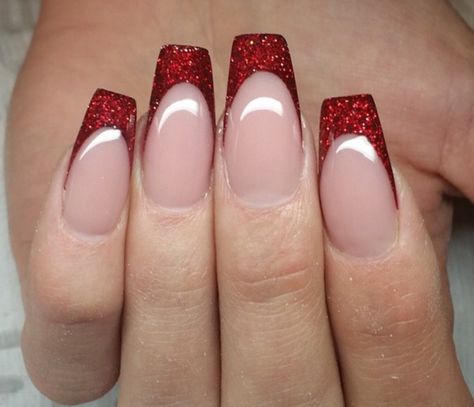 Maroon Glitter French Tip Nails, Red Glitter Nails Coffin, Red Nail Designs Glitter, Red Glitter French Tip Nails Coffin, Glitter Red Tip Nails, Red Glitter Square Nails, Red Glitter French Tip Nails Square, Red Nails Glitter Tips, Red Nails With Silver Tips