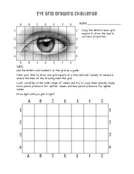 Grid Drawing practice worksheet for practicing portraiture and value drawing. Even if you don't intend to do a portrait or value unit, middle and high school students love learning how to draw eyes in detail, so this is a handy worksheet to have for early finishers, substitute plans, or technique days. Middle School Art Early Finishers, Echo Drawing Worksheet, Grid Drawing Practice, Advanced Drawing Projects, Grid Drawing Worksheet, Middle School Art Projects Lessons, Grid Drawing, High School Art Worksheets, Drawing Grid