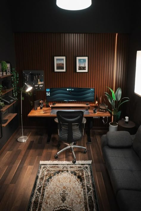 Ultrawide Setup, Studio Room Design, Dark Office, Home Studio Ideas, Home Music Rooms, Media Room Design, Modern Home Offices, Office Idea, Home Studio Setup