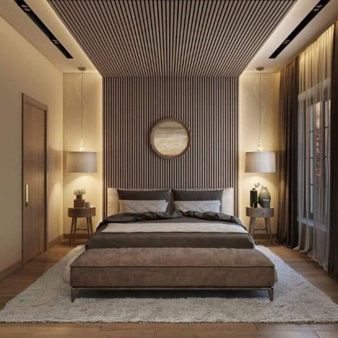 Pop Ceiling Design, Wood Slat Wall, Wall Panels Bedroom, Wall Panel Design, Acoustic Wall Panels, Bedroom Panel, Bedroom Ceiling, False Ceiling Design, Wood Panel Walls