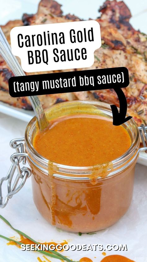 This Carolina Gold BBQ Sauce has the perfect tangy, sweet, and smoky flavor. Think honey mustard with a bit of smoke and spice and a whole lotta tang. Y'all are gonna love it! Carolina BBQ sauce is a mustard BBQ sauce that is super simple to make and tastes great on pork, fish, chicken, lamb, and beef. Kids love it with chicken tenders, hot dogs, bratwurst and burgers. Carolina Gold Sauce is the perfect BBQ sauce recipe for your next grilling cookout! Salt Lick Bbq Sauce Recipe, Georgia Gold Sauce Recipe, Golden Bbq Sauce Recipe, Gold Bbq Sauce Recipe, Carolina Gold Bbq Sauce Recipe, Mustard Bbq Sauce Recipe, Carolina Gold Sauce, Carolina Gold Bbq Sauce, Dressing Sauce Recipes