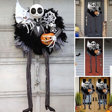 Cheap Halloween Party, Jack The Pumpkin King, Halloween Skeleton Decorations, Halloween Front Doors, Pumpkin Garland, Skeleton Decorations, Halloween Garland, Cheap Halloween, Pumpkin Flower