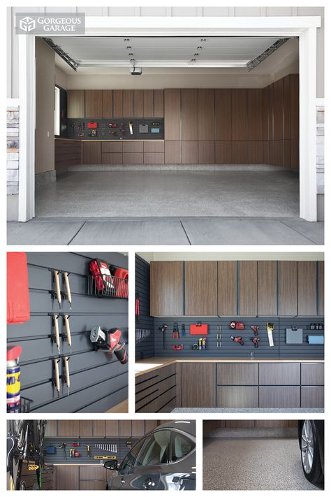 Garage Hidden Storage, Modern Garage Storage Ideas, Garage Shop Storage Ideas, Garage Upper Cabinets, Modern Garage Storage, Diy Garage Renovation, Paint Colors For Garage Interior, Garage Makeover To Bedroom, Garage Finishing Ideas