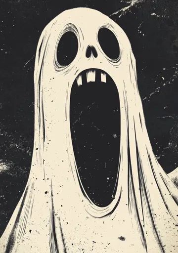 ↑↑↑ Larger size on website 🔸 The image depicts a ghostly figure with a large, gaping mouth and large, dark eyes. It is drawn in a Silent Scream, Ghost Faces, Dark Eyes, Scream