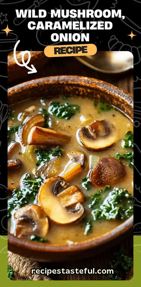 This Wild Mushroom, Caramelized Onion, and Kale Soup is hearty, earthy, and full of comforting flavors. The combination of caramelized onions, tender kale, and savory wild mushrooms creates a warming and nutritious soup perfect for any season. A rich, flavorful blend of vegetables and earthy mushrooms makes this soup both satisfying and nourishing. #WildMushroomSoup #KaleSoup #CaramelizedOnionSoup #HealthySoupRecipe #VeganSoup #VegetarianSoup #SoupSeason #ComfortFood Wild Mushroom Caramelized Onion And Kale Soup, Wild Mushroom Carmelized Onion Kale Soup, Kale Mushroom Soup, Wild Mushroom Soup Recipes, Mushroom Soup Recipes Healthy, Mushroom And Onion Soup, Carmelized Onions And Mushrooms, Mushroom Onion Soup, Onion Mushroom Soup