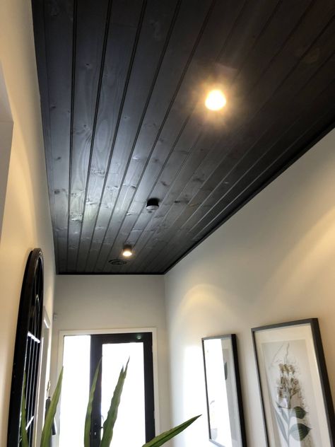 Batten Board Ceiling, Black Bead Board Ceiling, Black Ceiling Beige Walls, Black Tongue And Groove Ceiling, Black Wooden Ceiling, Black Ceiling Entryway, Dark Walls Light Ceiling, Black Wall And Ceiling, Black Ceiling Kitchen