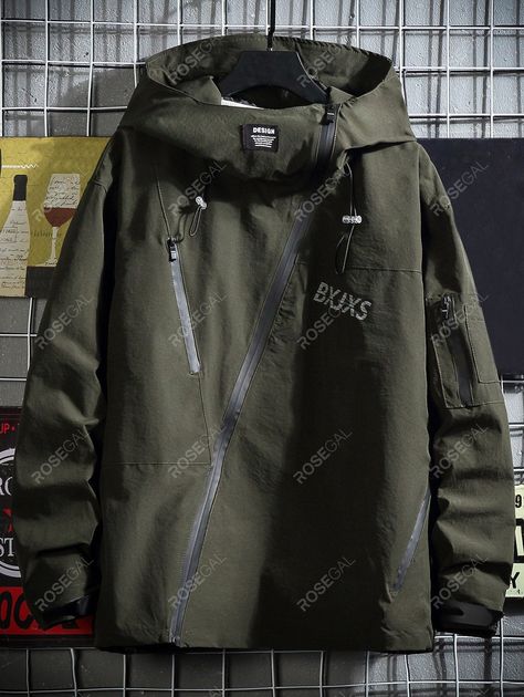 Front Asymmetric Zip Letter Graphic Hooded Jacket , #Sponsored, #Zip, #Asymmetric, #Front, #Letter, #Jacket #affiliate Dark Green Jacket Outfit, Green Jacket Outfit Men, Drop Shoulder Jacket, Green Jacket Outfit, Dark Green Jacket, Letter Jacket, Hipster Dress, Techwear Jacket, Mens Outwear