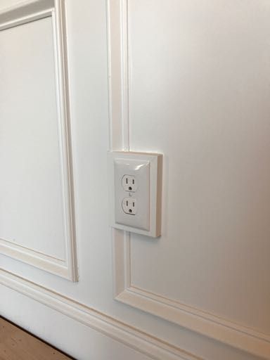 outlet Box Trim On Wall Diy, Cottage Molding And Trim, Picture Frame Molding Light Switch, Picture Frame Molding Around Outlets, Wainscoting Around Outlets, Shadow Box Molding, Bedroom Box Trim, Trim Around Light Switch, Box Trim Bathroom