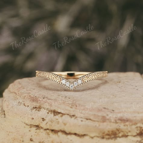 Moissanite Curved Wedding Band Vintage Solid Gold Filigree Pattern Moissanite Stacking Ring Matching Wedding Ring  Promise Rings For Women ITEM DETAILS ●Available in yellow, white or rose solid 10k, 14k or 18k gold. This ring can be made in Platinum. ❀❀Wedding band  Stone: Moissanite Shape: Round shape Weight: 0.034ct Band width around 1.5mm Visit my shop for more jewelry: https://www.etsy.com/shop/TheRoseCastle if you would like to customize your unique ring, you may contact us about your ideas Curved Wedding Band For Marquise Ring, Curved Wedding Band With Engagement Ring, Gold Wedding Ring Stack, Marquise Diamond Ring Settings, Matching Wedding Ring, Spring Elopement, Floral Wedding Bands, Gold Wedding Bands Women, Random Products