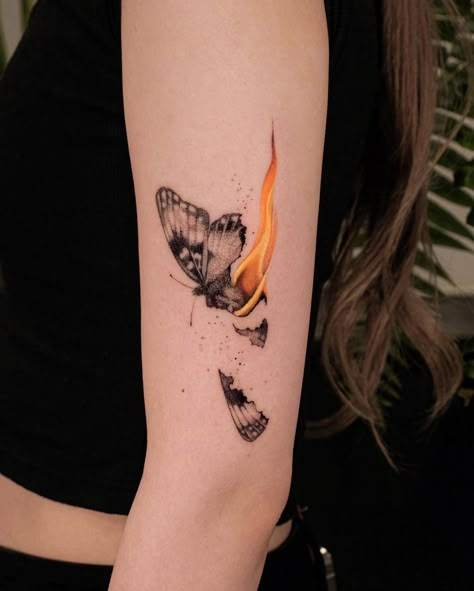 Butterflies On Fire Tattoo, Nautical Tattoo Ideas, Butterfly On Fire, Tattoo Ideas For Men Meaningful, Forearm Tattoo Ideas For Men, Forearm Tattoo Ideas, Think Tattoo, Beetle Tattoo, Surreal Tattoo