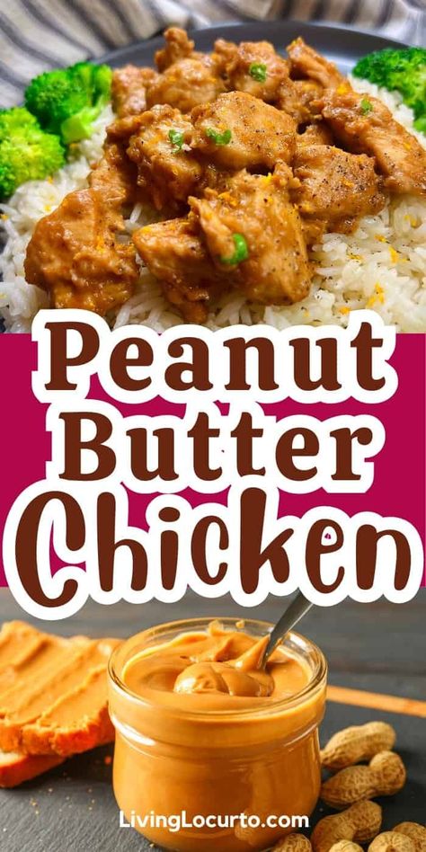 Easy peanut butter chicken recipe with Thai peanut sauce served over rice and with a side of broccoli. This one pan chicken is a sweet and spicy easy dinner you can cook in less than 30 minutes! Peanut Chicken Sauce, Chinese Peanut Butter Sauce, Instant Pot Peanut Butter Chicken, Chicken With Peanut Sauce Easy, Chicken Peanut Butter Recipes, Spicy Peanut Butter Chicken, Peanut Butter Pork Chops, Chinese Peanut Butter Chicken, Creamy Peanut-lime Chicken With Noodles