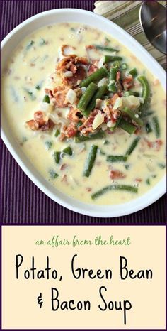 Easy Dinner Recipes Without An Oven, Creamy Green Bean Soup, Green Bean Soup Mennonite, Weird Soup Recipes, Wax Bean Soup, Green Bean And Bacon, Bean Bacon Soup, Potato Green Bean, Green Beans Potatoes