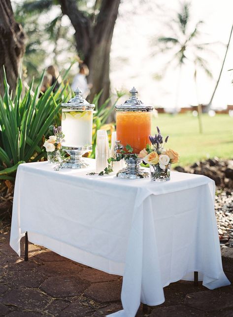 Stunning tropical Maui wedding held on the oceanfront | Hawaii Real Weddings Ceremony Refreshment Table, Cocktail Decor, Refreshments Table, Backyard Engagement Parties, Wedding Drink Station, Made With Love Bridal, Mums Wedding, Tropical Wedding Theme, Magnolia Wedding