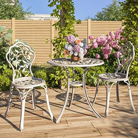 Amazon.com: BELLEZE 3 Piece Bistro Set, Aluminum Bistro Table Set Outdoor Bistro Set, Weather-Resistant Garden Table and Chairs Wrought Iron Patio Furniture for Balcony Backyard, Leaf Design - White : Patio, Lawn & Garden Vintage White Outdoor Furniture, Small Outfoor Table, Indoor Bistro Table, Cast Iron Garden Furniture, Bistro Outdoor, Cast Aluminum Patio Furniture, Bistro Patio Set, Balcony Backyard, Aluminium Outdoor Furniture