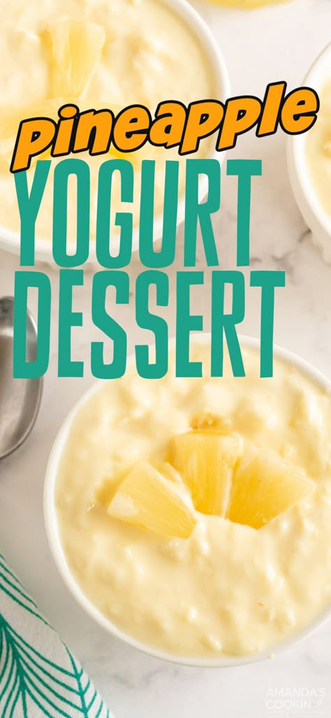 Only 3 ingredients are needed to make this easy, no-bake pineapple yogurt dessert! This potluck favorite can be whipped up in 10 minutes. #amandascookin #dessertrecipes Frozen Pineapple Dessert, Yogurt Fluff, Pineapple Desert, Kids Cooking Club, Pineapple Dessert Easy, 2023 Desserts, Pineapple Yogurt, Diet Treats, Summer Fruit Desserts