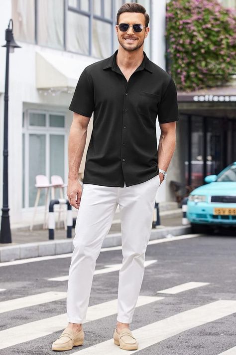 Men's button up shirts are made of lightweight durable fabric. Soft, quick dry, skin-friendly and comfortable to wear. #shirt #short_sleeve #summer #men#black Short Sleeve Dress Shirt Men Outfits, Black Short Sleeve Button Up Men Outfit, Men’s Short Sleeve Button Up, Mens Short Sleeve Shirt Outfits, Casual Button Up Shirt Outfit Mens, Men Button Up Shirt Outfit, Short Sleeve Button Up Men, Black Shirt Outfit Men, Short Sleeve Shirt Outfit