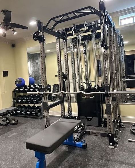 REP Fitness • Gym Equipment on Instagram: "🤤 Home gym of your dreams. REP PR-4000 with the Ares cable attachment, belt squat attachment, ISO Arms… cambered swiss bar, urethane dumbbells and plates, and a clear coat ZeroGap adjustable bench. Thanks for the photos and showing us this beaut! @the.tyler.oliver" Rep Fitness Home Gym, Adjustable Bench, Fitness Home, Home Gym Design, Gym Design, At Home Gym, Clear Coat, Fitness Gym, Home Gym