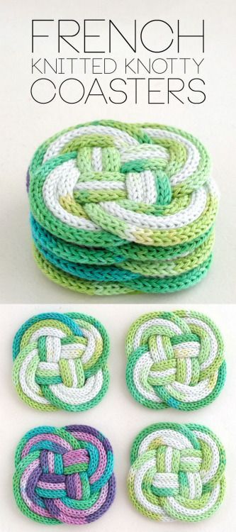 DIY Spool Knit Knotted Coasters Tutorial from My Poppet.An... Spool Knitting Projects Ideas, French Knitter Projects, French Knitting Ideas, I Cord Projects, Knitted Coasters, Cord Knitting, Knit Coaster, Knitting Machine Tutorial, Spool Knitting