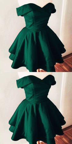 Short Satin V Neck O Dresses For 8th Grade Graduation, Green Dress For Prom, Emerald Green Prom Dresses, Elegant Dress Short, Homecoming Dresses Satin, Formal Birthday Party, Off The Shoulder Homecoming Dress, Dress Short Party, Back To School Event