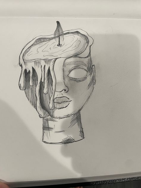 Candle Face Drawing, Melting Head Drawing, Candle Head Drawing, Melting Person Drawing, Head Open Drawing, Melting Candle Sketch, Candle Person Drawing, Melting Person Art, Open Head Drawing