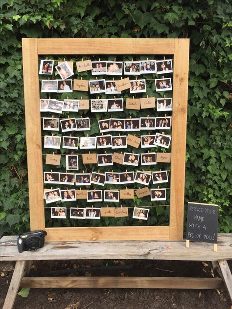 Polaroid frame at my wedding! Guests were to replace their name card with a Polaroid that had them in it Polaroid Wedding Table Names, Picture Name Cards Wedding, Poloroid Pictures Ideas Party, Diy Wedding Picture Frames, Wedding Polaroid Frame, Polaroid Frame Wedding, Polaroid Cork Board, Homemade Wedding Signs, Wedding Poloroid Pictures