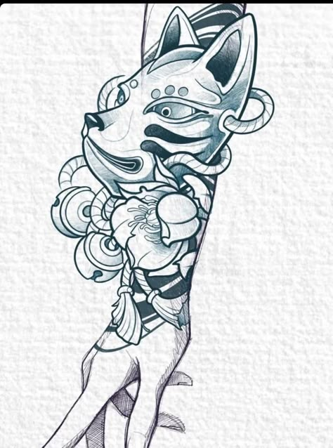 Japanese Fox Mask Tattoo, Kitsune Mask Tattoo Design, Omamori Tattoo Design, Fox Mask Tattoo, Japan Tattoo Traditional, Neo Japanese Tattoo Designs, Kitsune Mask Tattoo, Fox Tattoo Sketch, Hannya Maske Tattoo